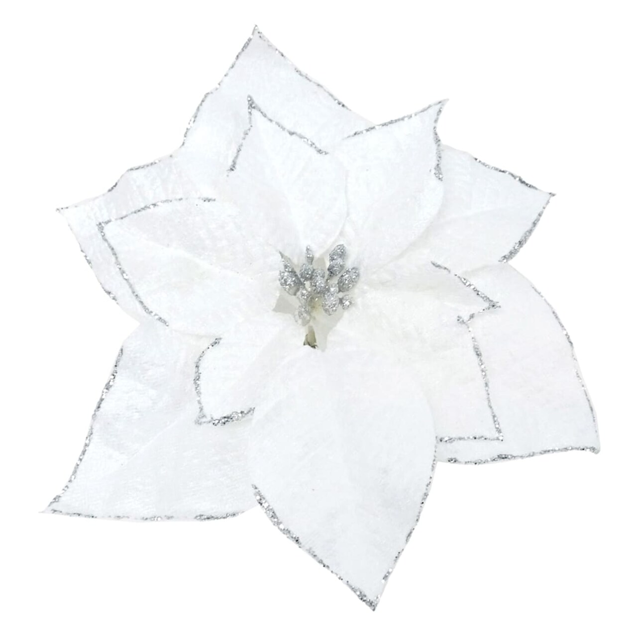 8″ White & Silver Glitter Poinsettia Clip Ornament – Christmas Floral Accent